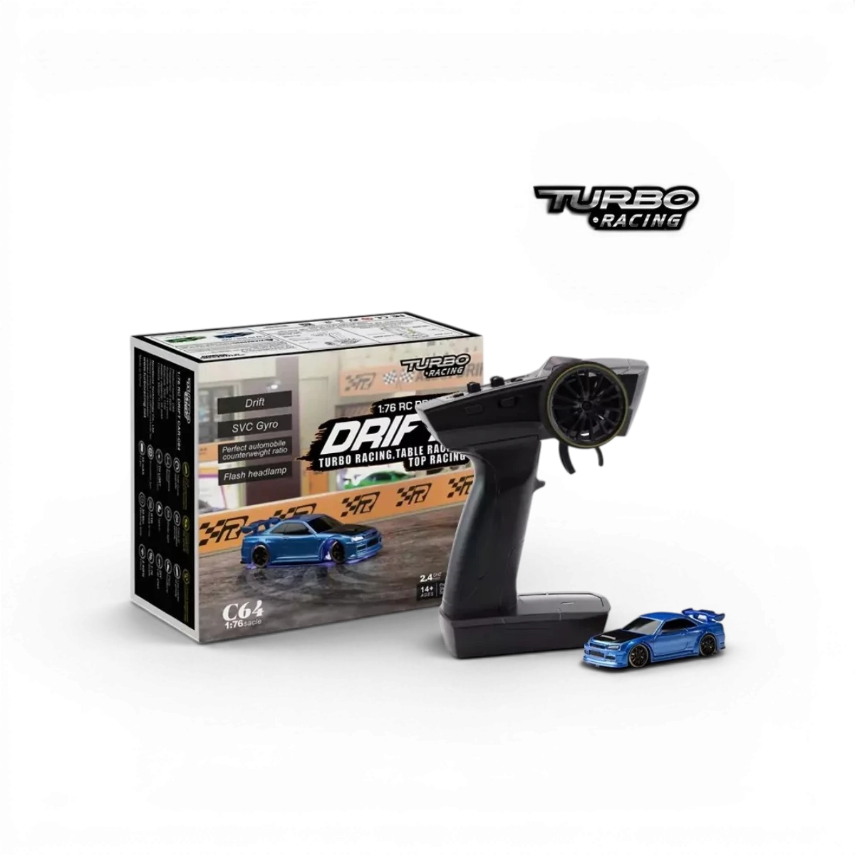 Voiture miniature Funtek 1/76e Micro Drift bleue, modèle réduit de voiture de drift avec détails précis et design sportif.