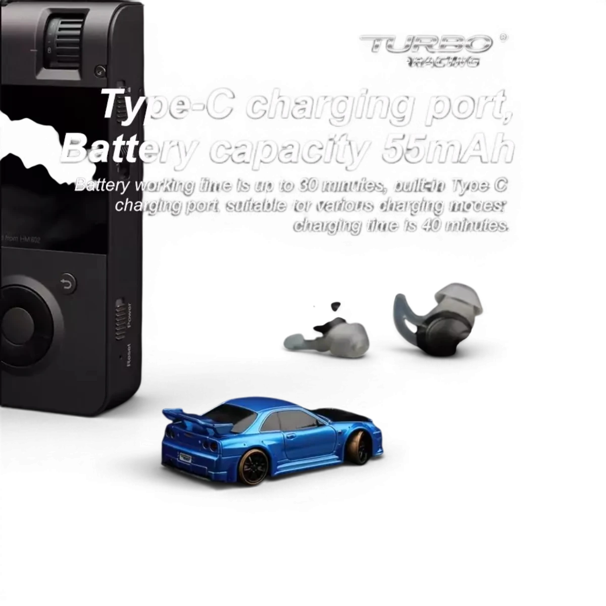 Voiture miniature Funtek 1/76e Micro Drift en bleu, détail précis et design compact pour collection et démo de drift.