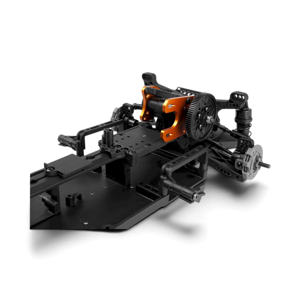 Chasis DriftParadiZ HPI Racing Stage-D10 Creator Edition negro con soporte de motor de aluminio anodizado naranja