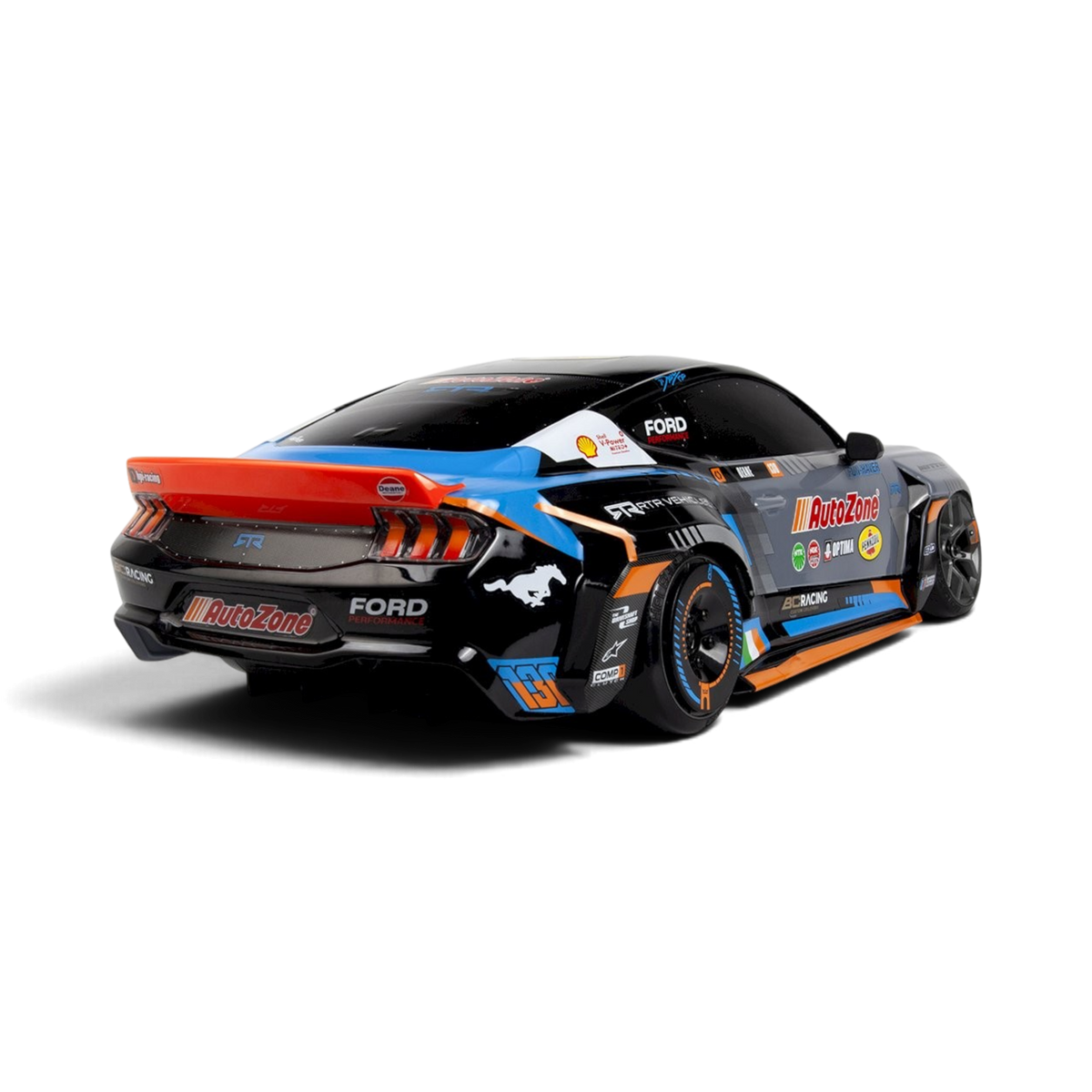 Voiture RC de drift Ford Mustang RTR Spec-5 FD James Deane de la marque HPI, vue de côté avec détails de la carrosserie rouge.
