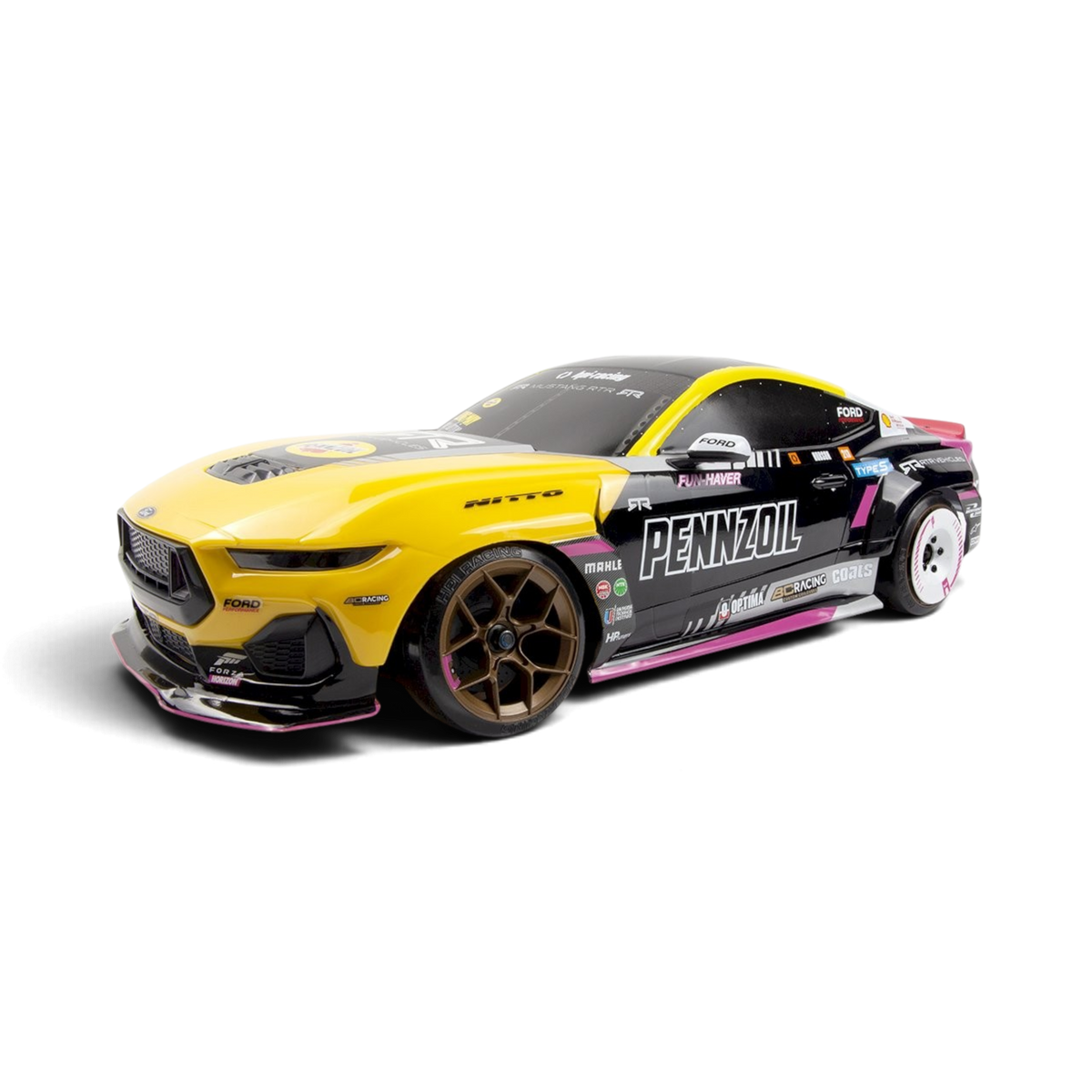 Voiture RC drift HPI Ford Mustang RTR Spec-5 FD Ben Hobson, modèle électrique Brushless, vue de côté avec détails de la carrosserie.