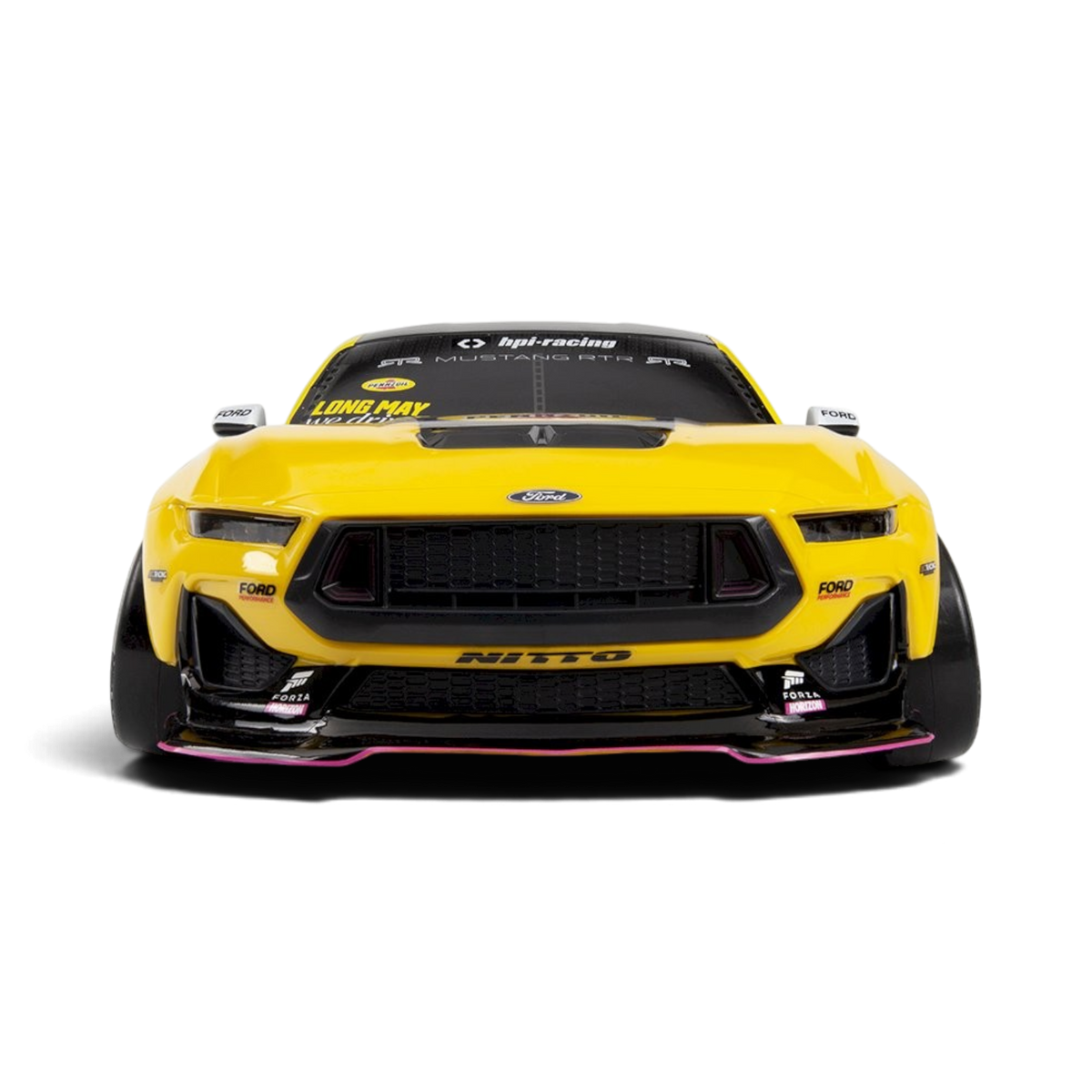 Voiture RC drift HPI Stage-D10 FLUX Ford Mustang RTR Spec-5 FD Ben Hobson brushless, vue de côté avec détails colorés.