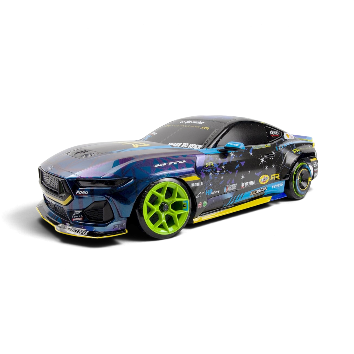 DriftParadiZ Ford Mustang GT RTR S650 body painted and decorated with neon green wheels for 1/10 RC car