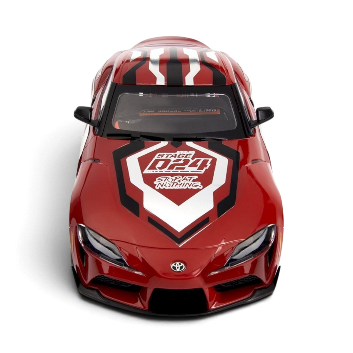 Modèle RC Drift Toyota GR Supra 2024 rouge, HPI, voiture télécommandée de course, vue de face avec détails.