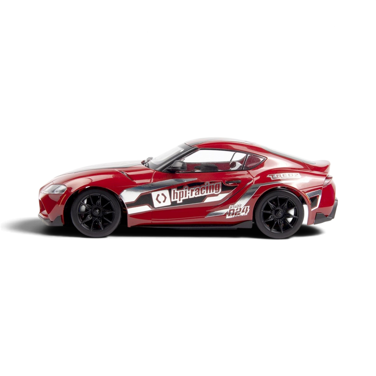 Voiture RC drift Toyota GR Supra 2024 rouge HPI Stage-D24, modèle RTR pour course de drift.