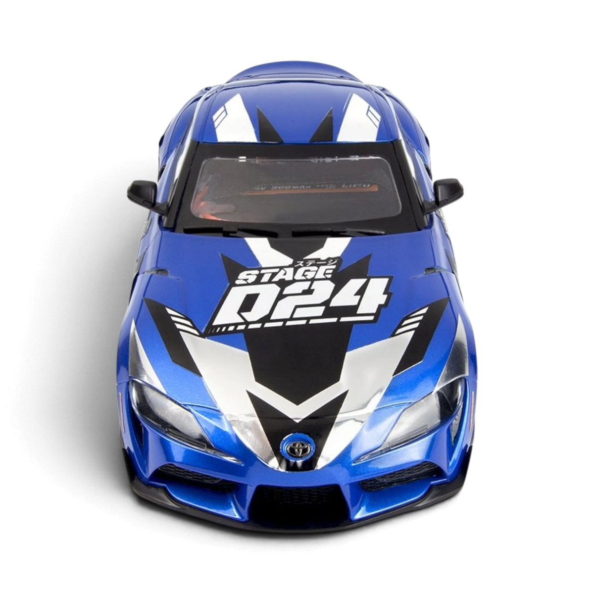 RC drift-auto DriftParadiZ Toyota GR Supra 2024 Metallic Dawn Blue op schaal 1/24 vooraanzicht