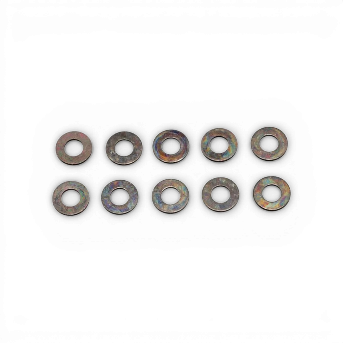 Rondelles noires 3x7x0,5mm de pièces détachées Team Yokomo, lot de 10 pièces sur fond blanc.