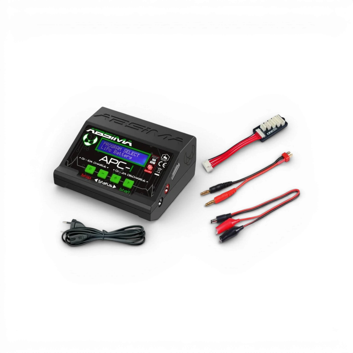 Chargeur électronique Absima APC-1, vue de face avec câbles connectés, pour batterie et appareils électroniques.