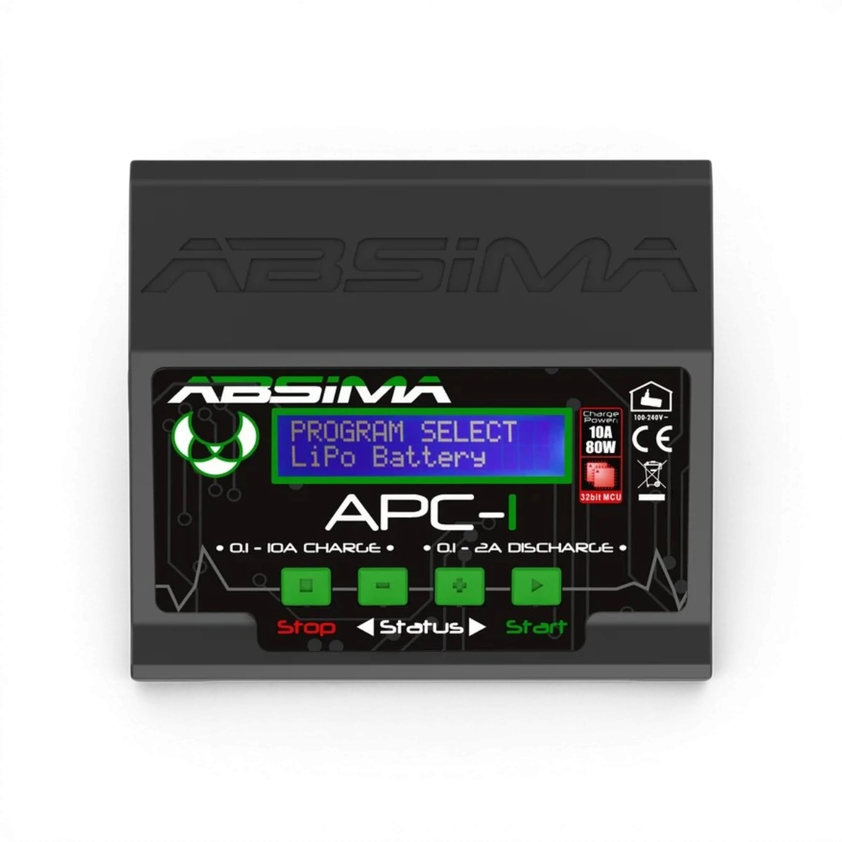 Chargeur APC-1 de la marque Absima, appareil électronique pour rechargeable, avec affichage et ports de charge visibles.