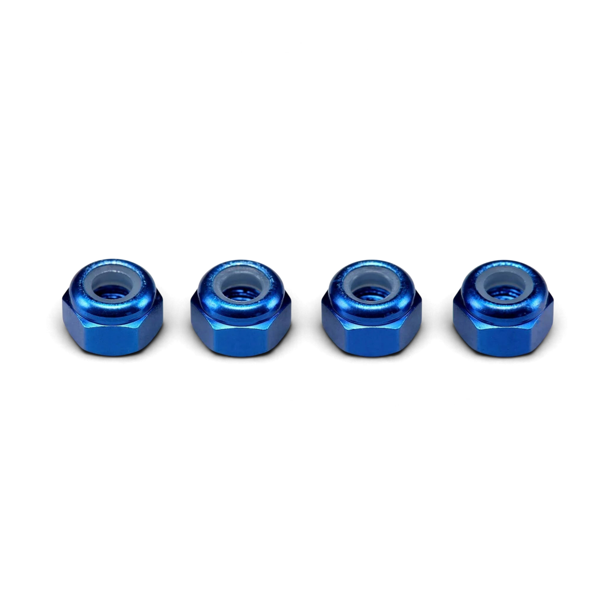 Vier selbstsichernde DriftParadiZ-Muttern aus blauem Aluminium mit 3 mm und Nyloneinsatz für RC-Chassis
