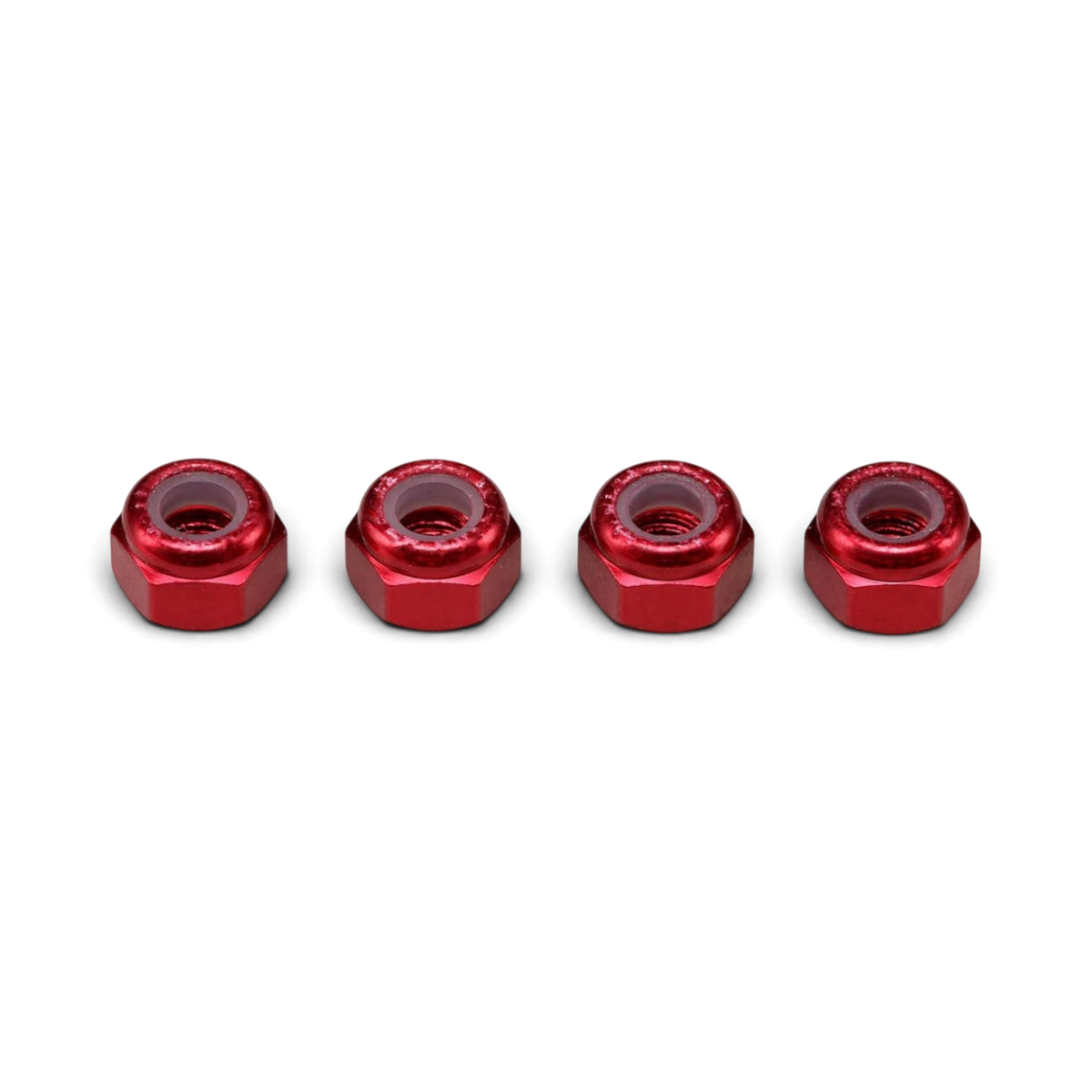 Vier selbstsichernde DriftParadiZ-Muttern aus rotem Aluminium M3 mit Nyloneinsatz für RC-Chassis