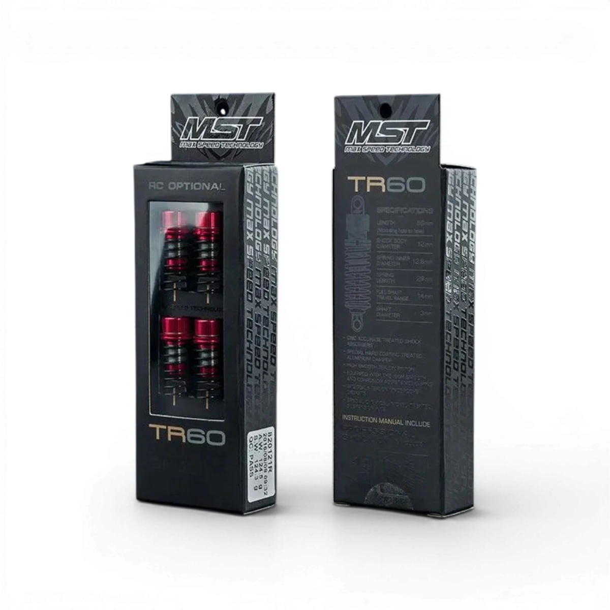 Amortisseurs en aluminium réglables TR60 rouges de Max Speed Technology, pièces détachées pour modélisme RC.