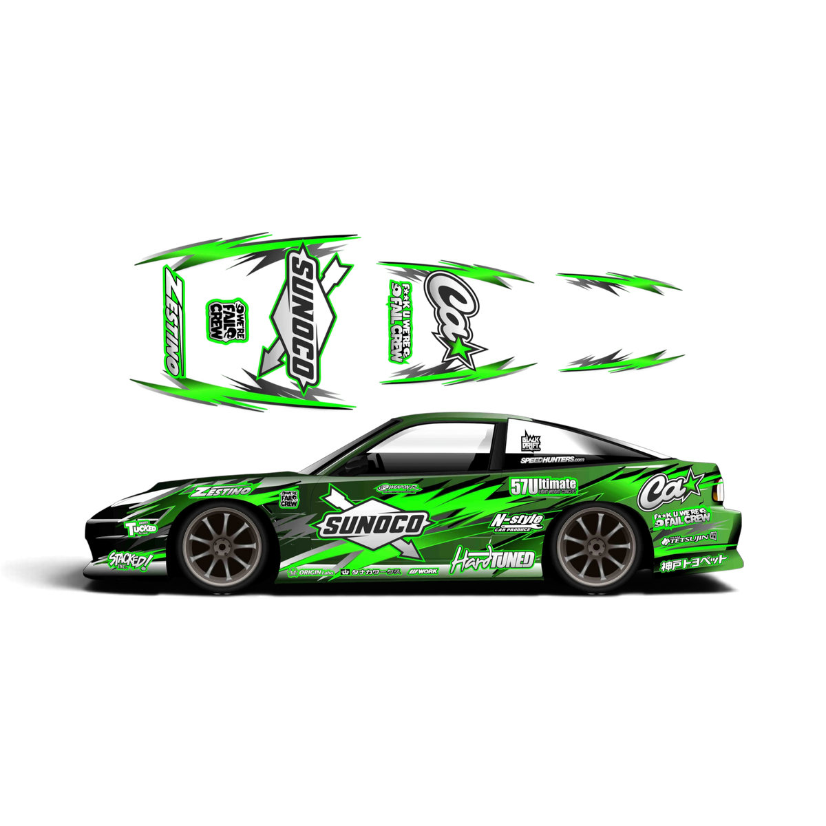 Autocollant Black Drift Sunoco Green Line, décoration complète pour voiture, design noir et vert, sticker de style racing.