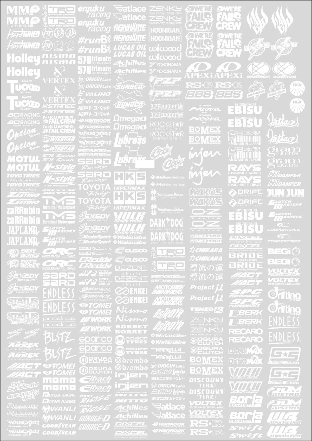 Autocollants sponsors Black Drift, ensemble de 14 stickers noirs avec logos de sponsors pour voitures de drift.