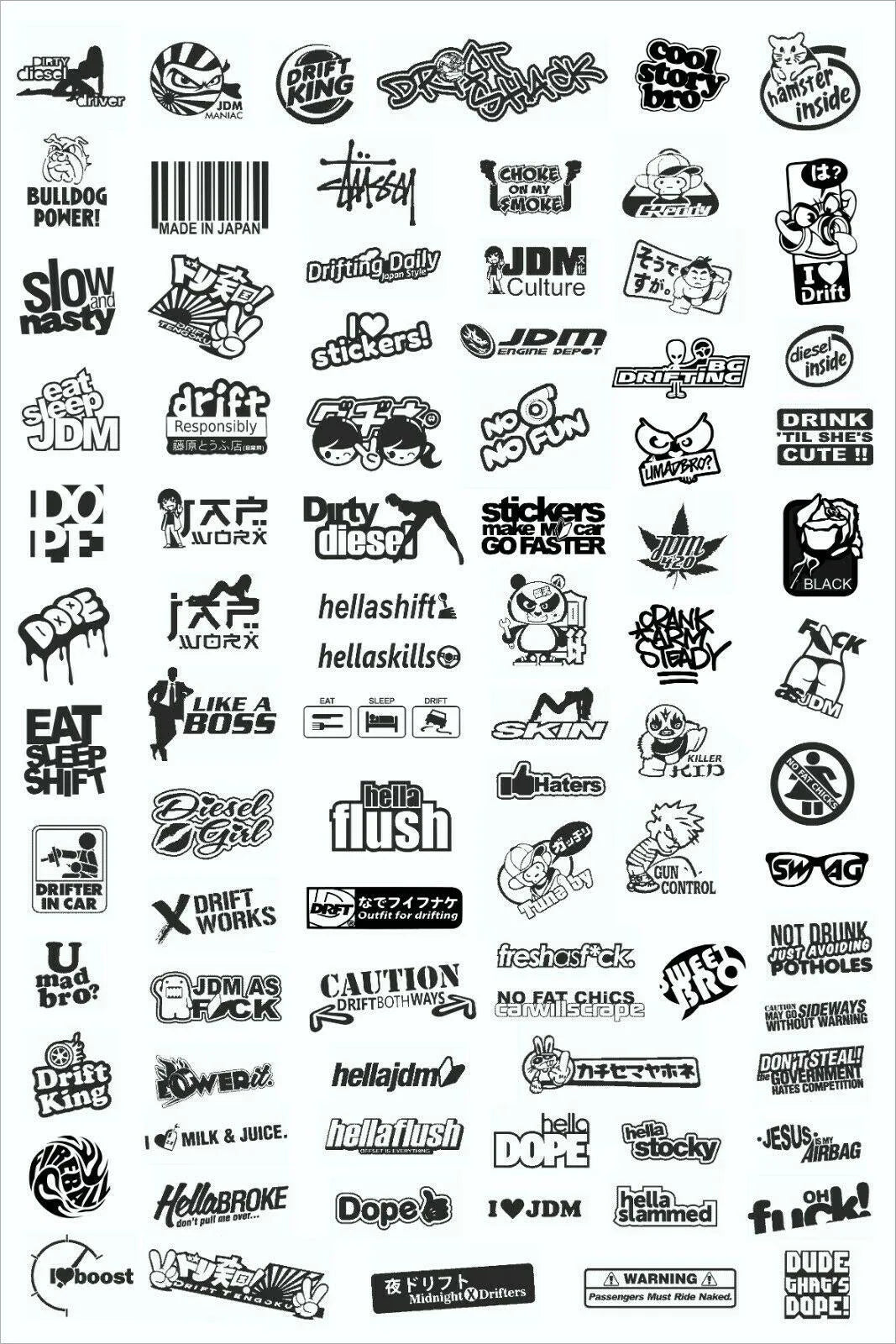 Autocollants sponsors Black Drift, lot de 23 stickers noirs pour voitures de drift, visibles avec logos et designs variés.