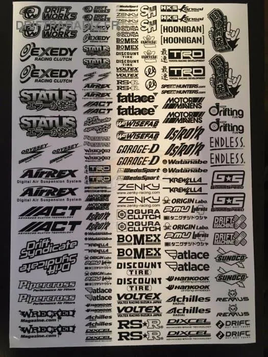 Autocollants sponsors Black Drift, lot de 8 stickers noirs pour voitures de drift, avec logos et designs sportifs.