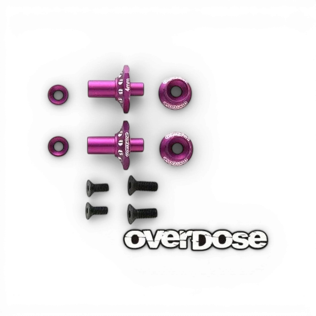 Axe avant en aluminium de 4 mm en une pièce, pièce détachée Overdose pour drift, visible avec détails métalliques.