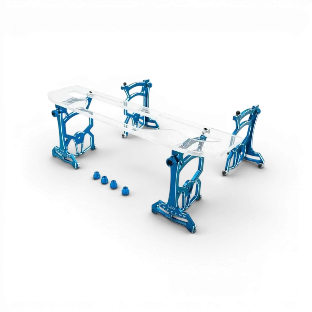 Banc de réglage bleu Yeah Racing pour modélisme RC, plateforme en plastique avec vis de fixation, utilisé pour ajuster les véhicules.