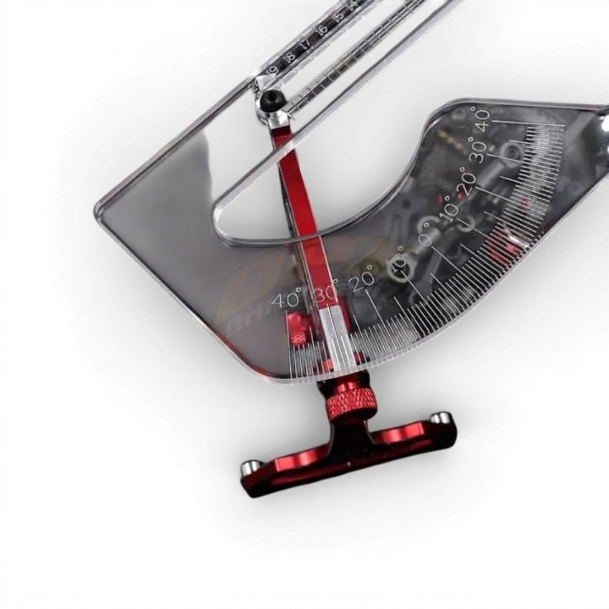 Banc de réglage rouge Yeah Racing pour modèles 1/10, plateforme stable avec composants ajustables pour tuning RC.
