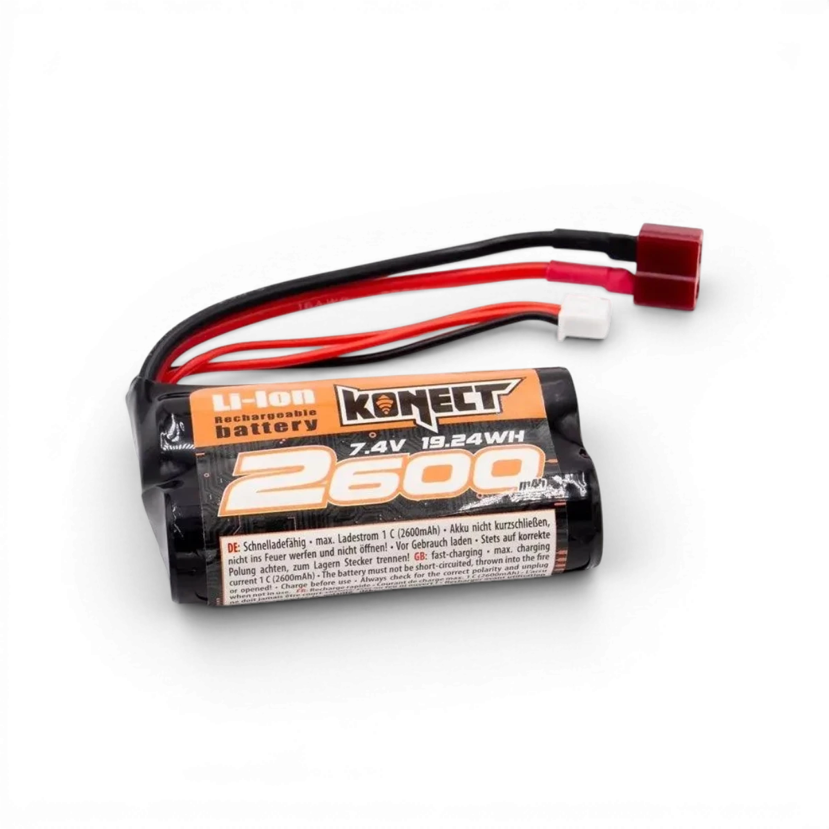 Batterie Li-ion 7,4V 2600mAh 15C de la marque Konect pour appareils électroniques, visible en gros plan.