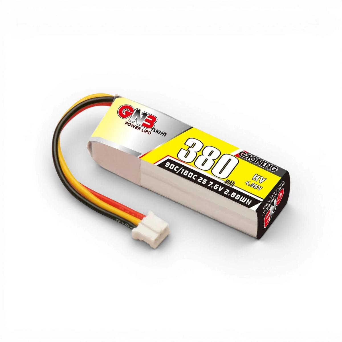 Batterie LiHV 2S 7,6V 380mAh 90C LiPo Gaoneng pour électronique, vue de face avec connecteurs visibles