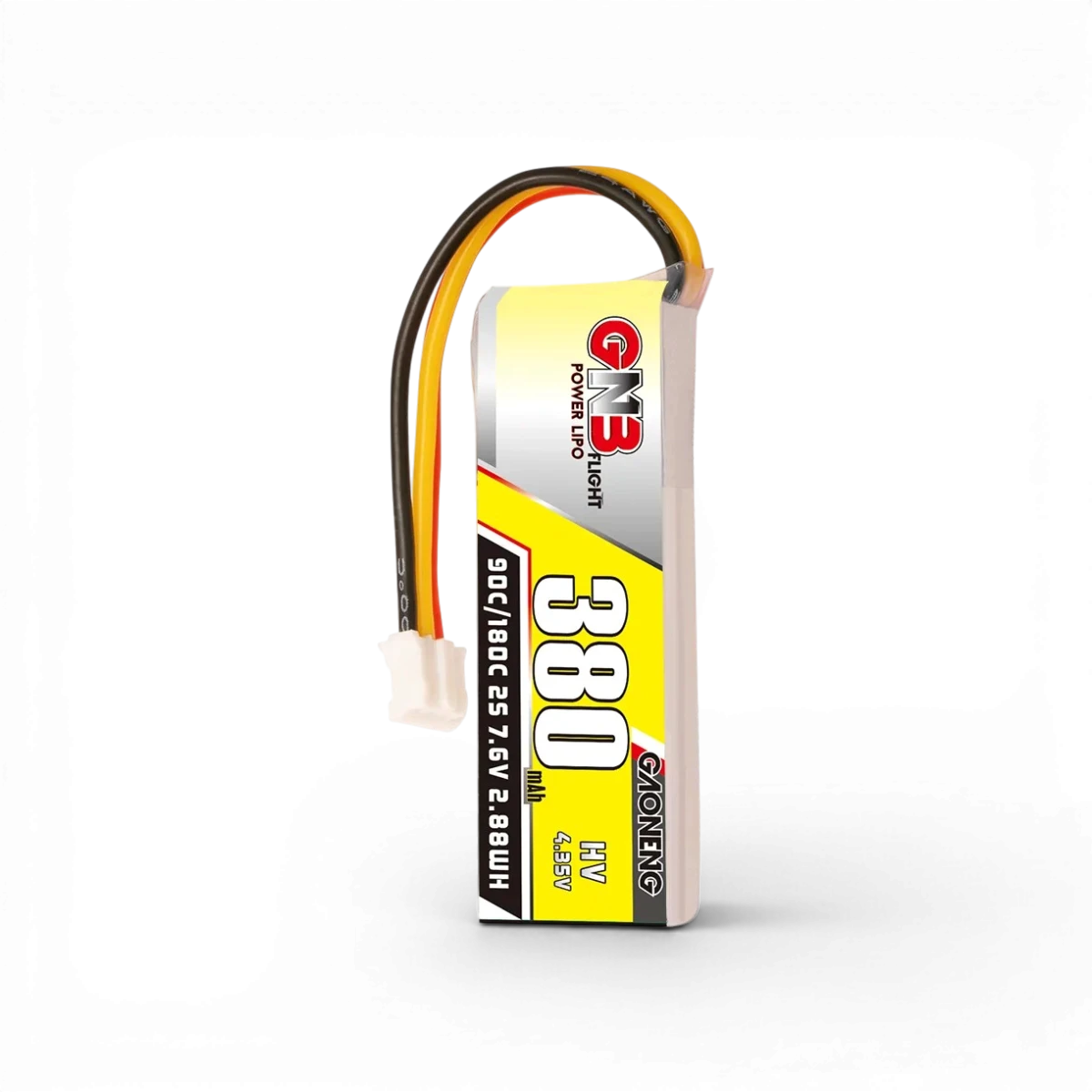 Batterie LiHV 2S 7,6V 380mAh 90C LiPo Gaoneng pour drone ou drone RC, vue de face avec connecteurs visibles