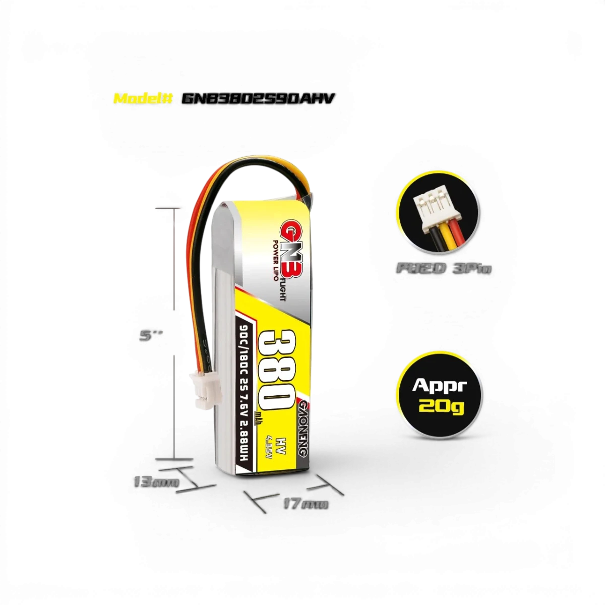 Batterie LiHV 2S 7,6V 380mAh 90C LiPo Gaoneng pour drone ou modèle électronique, vue de face avec connecteurs visibles.
