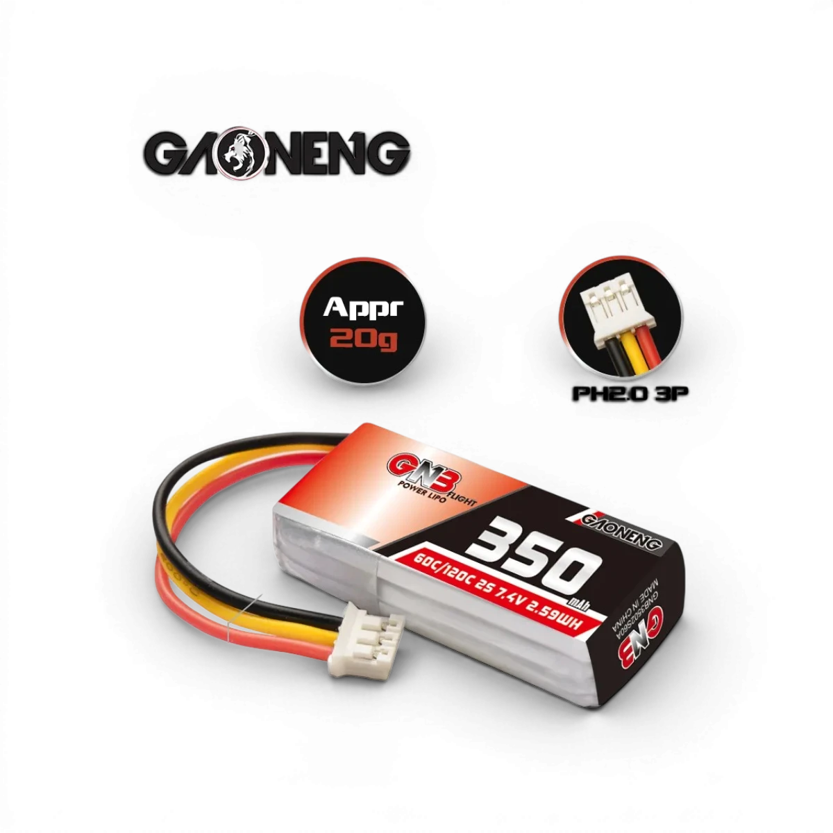 Batterie LiPo 2S 7,4V 350mAh 90C de la marque Gaoneng pour électronique, visible en gros plan.