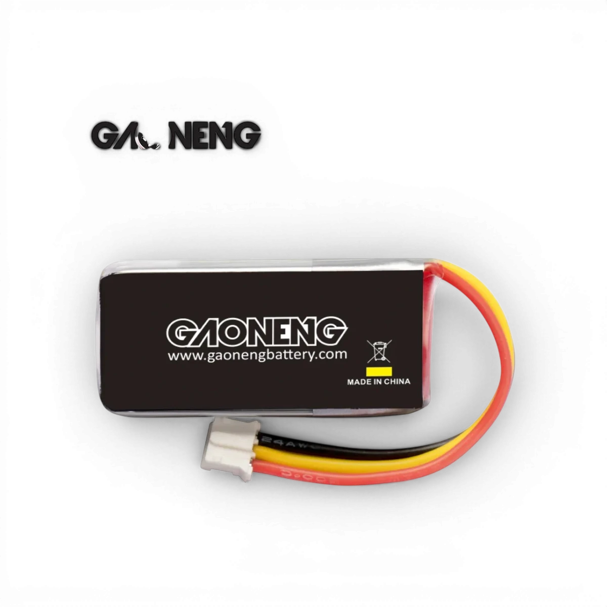 Batterie LiPo 2S 7,4V 350mAh 90C de la marque Gaoneng pour électronique, vue de face avec connecteurs.