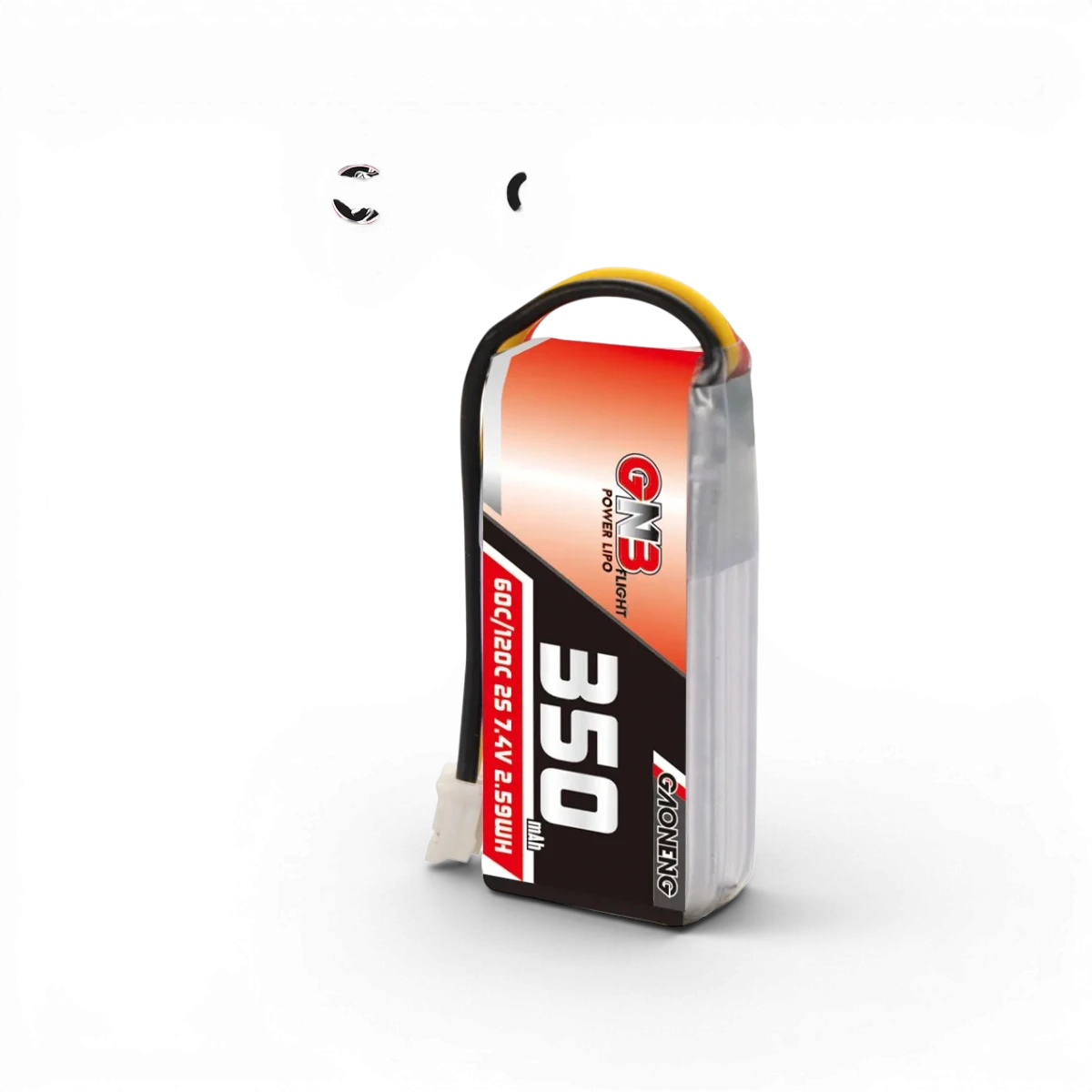 Batterie LiPO 2S 7,4V 350mAh 90C Gaoneng pour drone ou appareil électronique, connecteur et détails visibles.