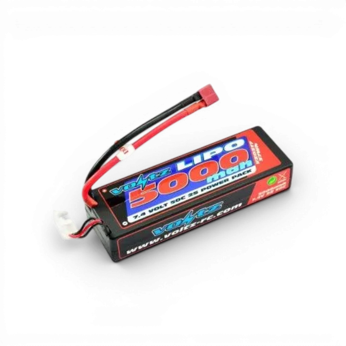 Batterie Lipo Voltz 5000mAh 2S 7,4V 50C pour drone ou modélisme, vue de face avec connecteurs et étiquettes.