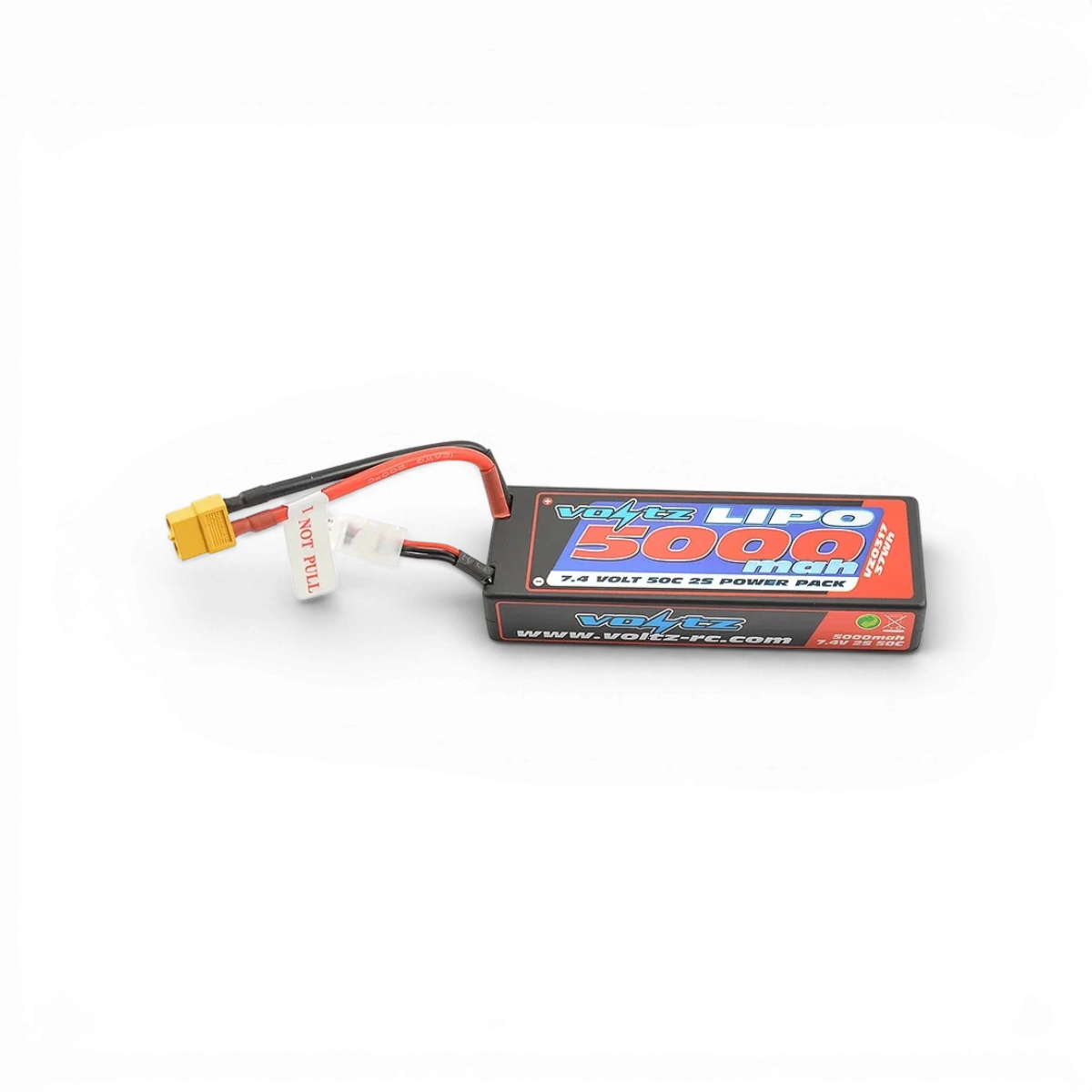 Batterie Lipo Voltz 5000mAh 2S 7.4V 50C avec connecteur XT60 pour électronique et drone, vue de face.