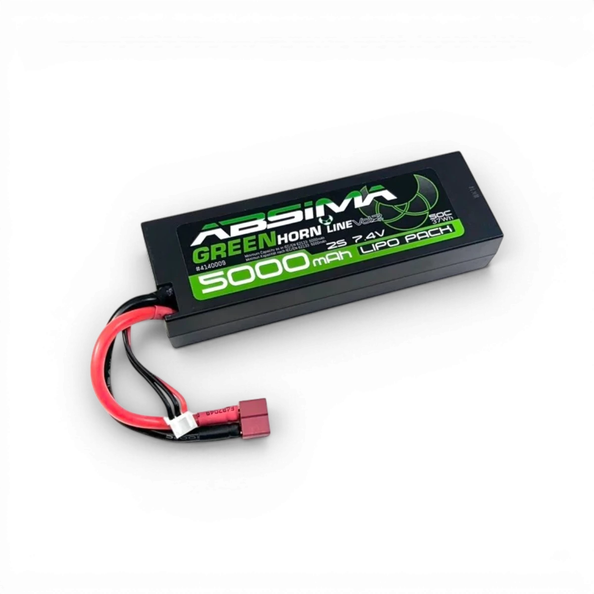 Batterie Lipo 7.4V 5000mAh 50C de la marque Absima, pour électronique, avec connecteur Dean, vue de face.
