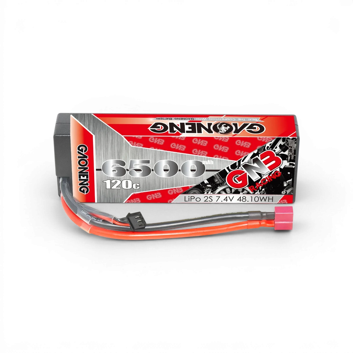 Batterie Lipo Gaoneng 7.4V 6500mAh 120C pour électronique, vue de face montrant les connexions et le design compact.