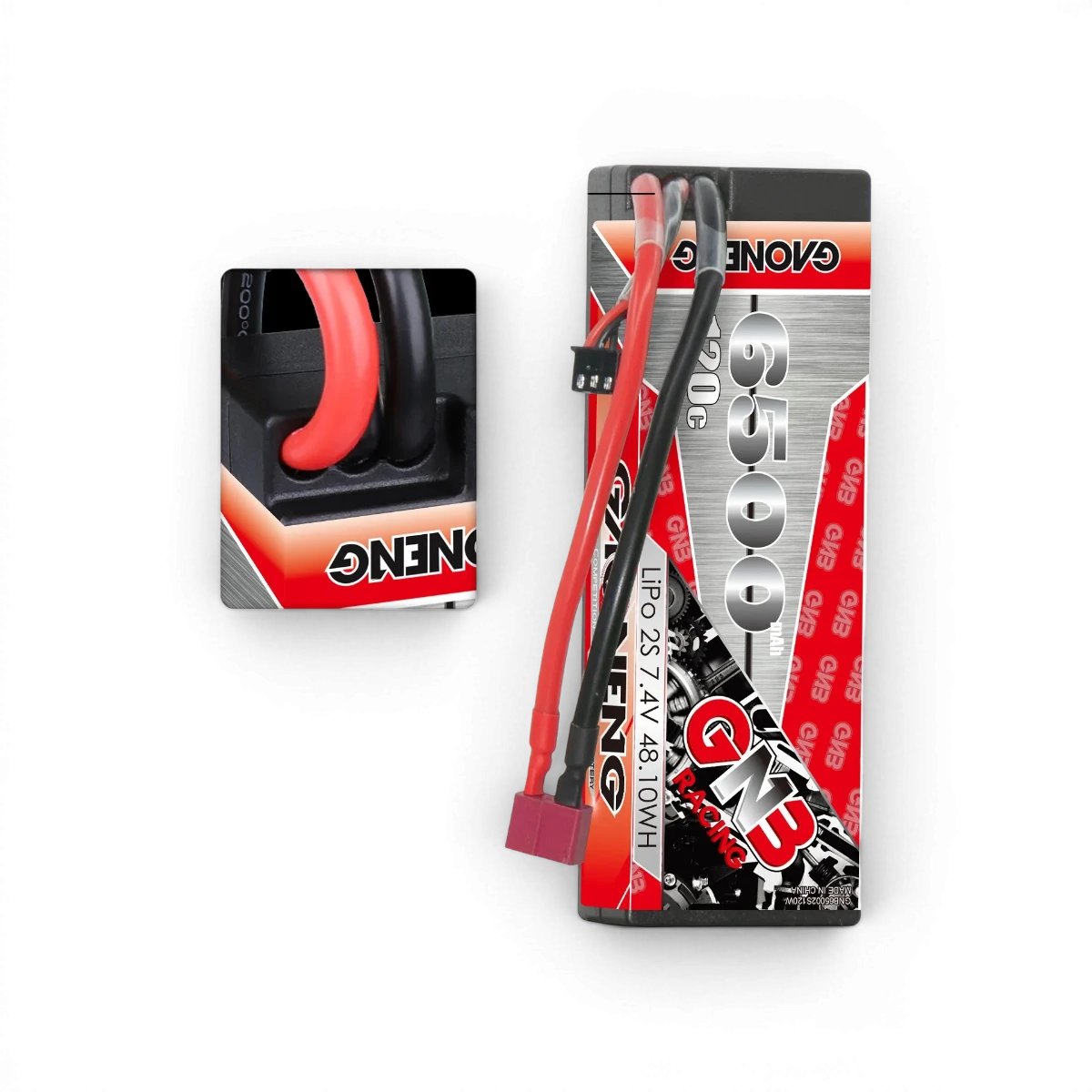 Batterie Lipo Gaoneng 7.4V 6500mAh 120C pour électronique, vue de face avec connecteurs visibles.