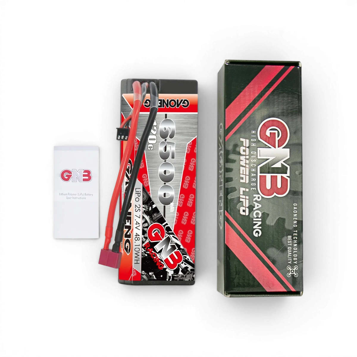 Batterie Lipo 7,4V 6500mAh 120C de la marque Gaoneng, vue de face avec connecteur et étiquettes visibles.