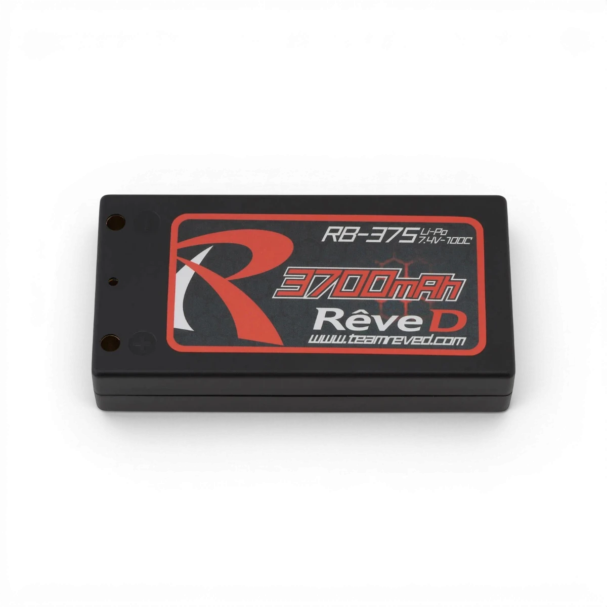 Batterie Lipo 7.4V Shorty 3700mAh 100C de Team Reve D pour électronique, vue de face avec connecteurs visibles.