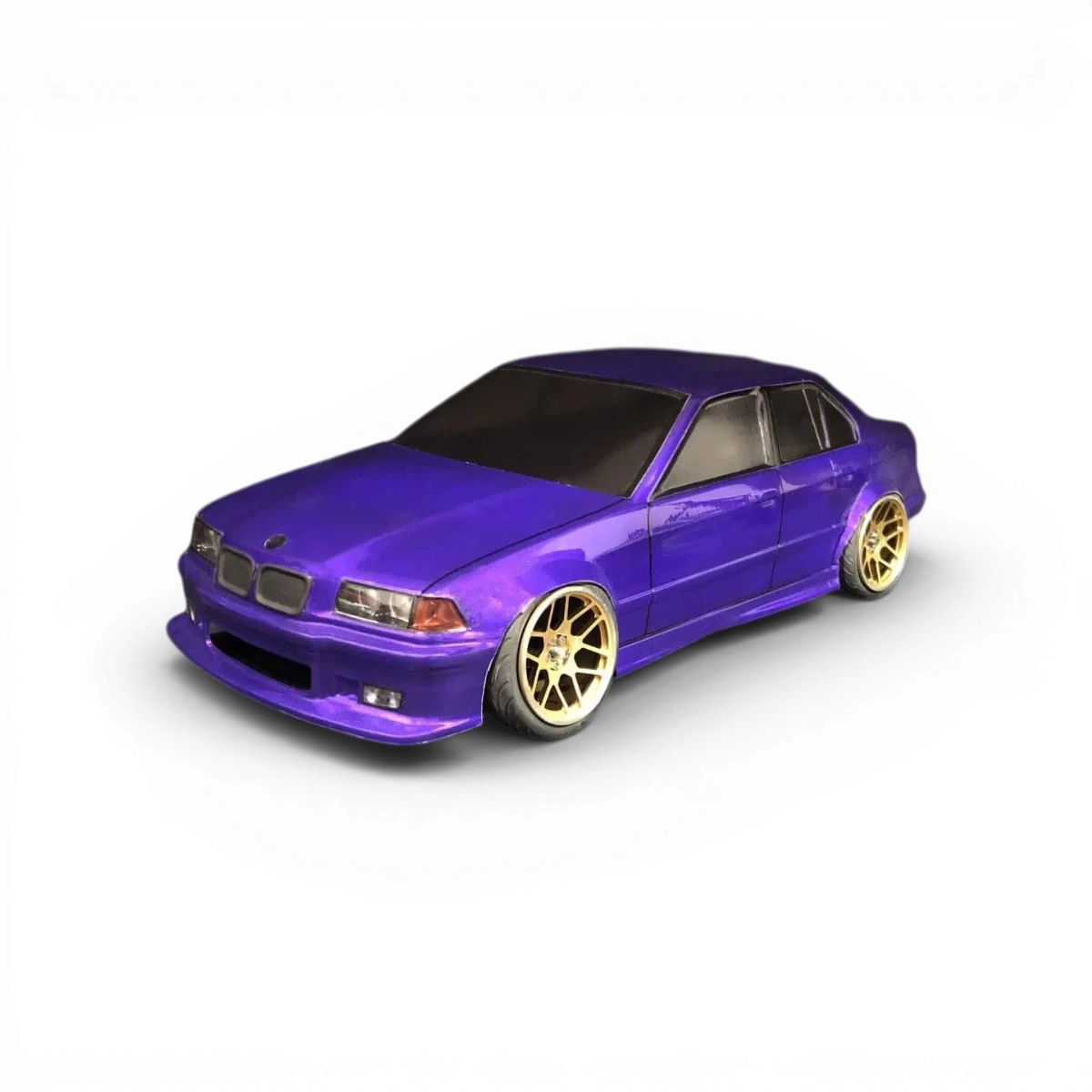 Carrosserie de voiture BMW E36 Sedan en plastique Aplastics RC, vue de face avec détails de la carrosserie.