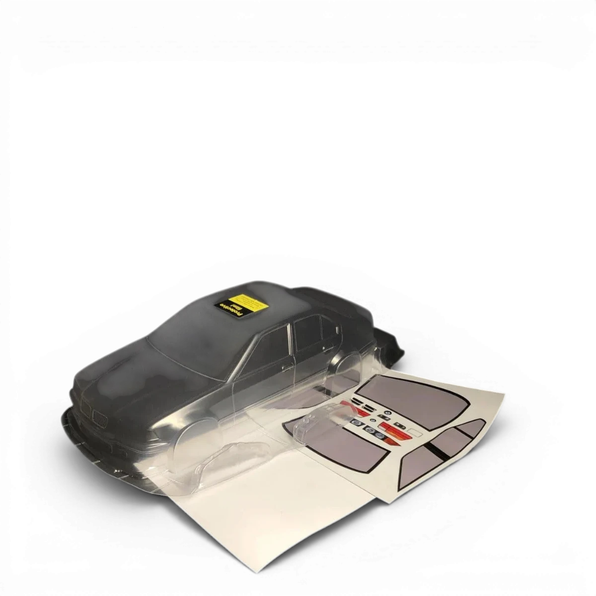 Carrosserie BMW E36 Sedan Aplastics RC, modèle réduit en plastique, vue de face avec détails réalistes, idéal pour modélisme.