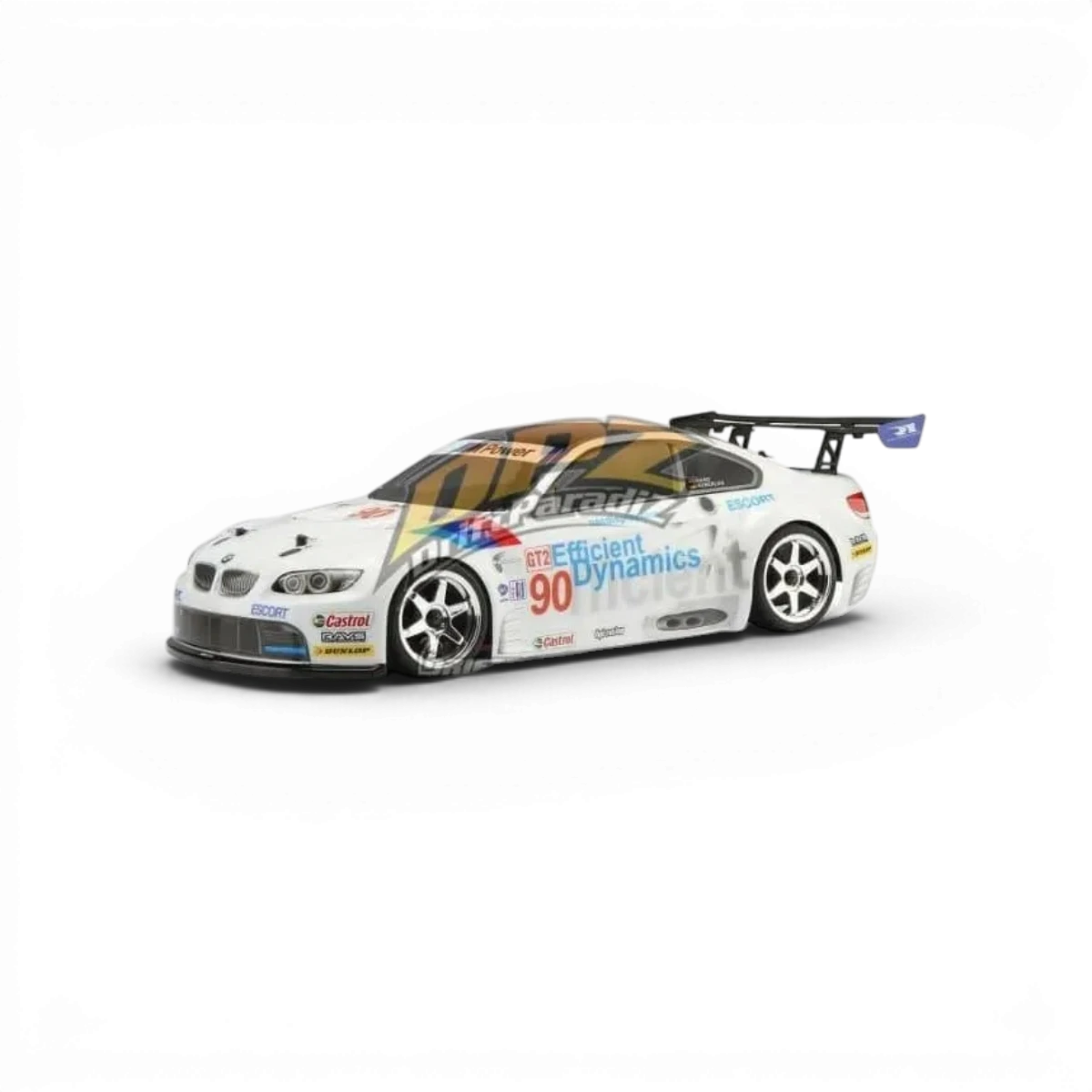 Carrosserie BMW M3 GTS e92 HPI, reproduction détaillée en plastique blanc avec éléments noirs et rouges, pour modèle réduit.