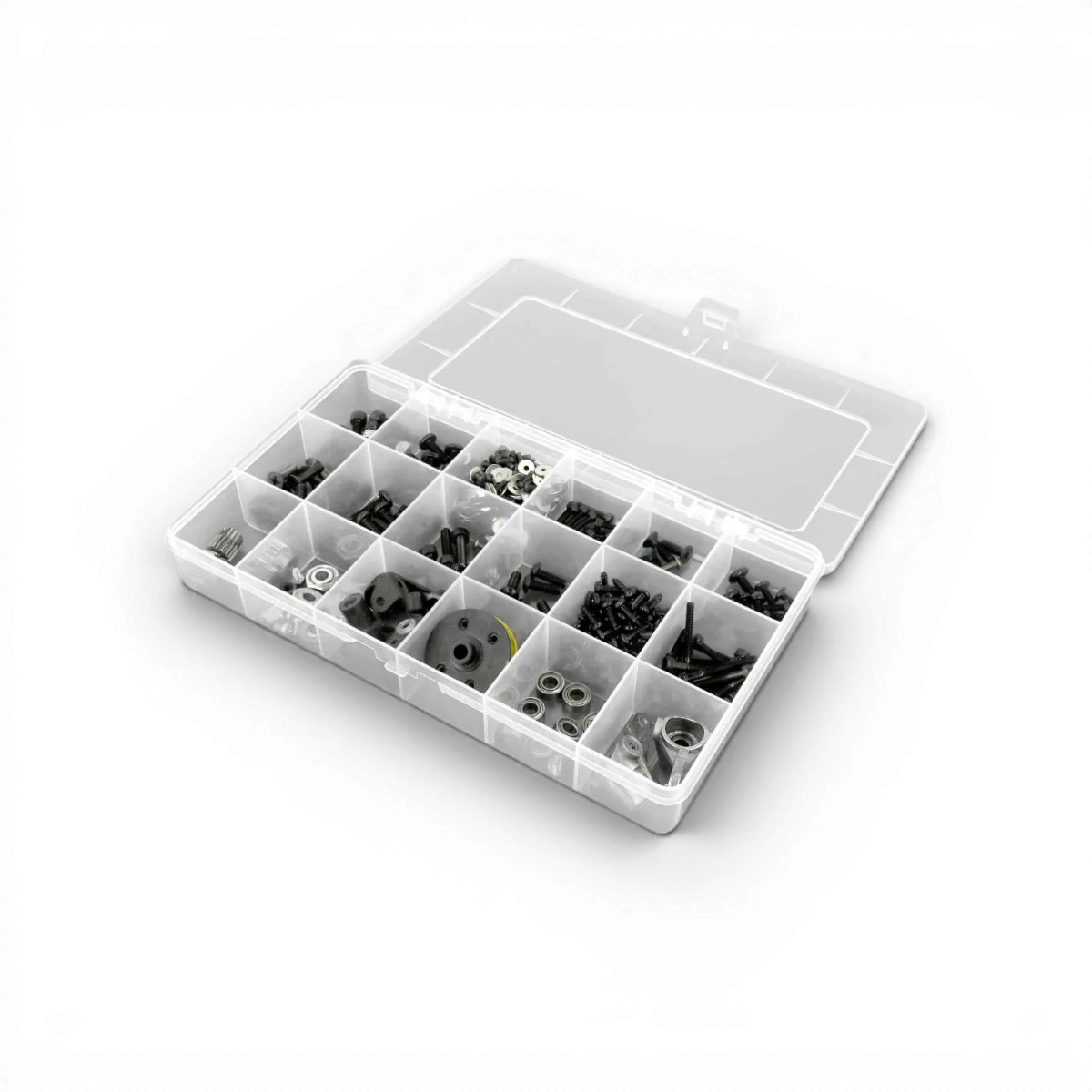 Boîte de 18 compartiments pour accessoires Robitronic, dimensions 210x119x34,5 cm, rangement pratique et organisé.