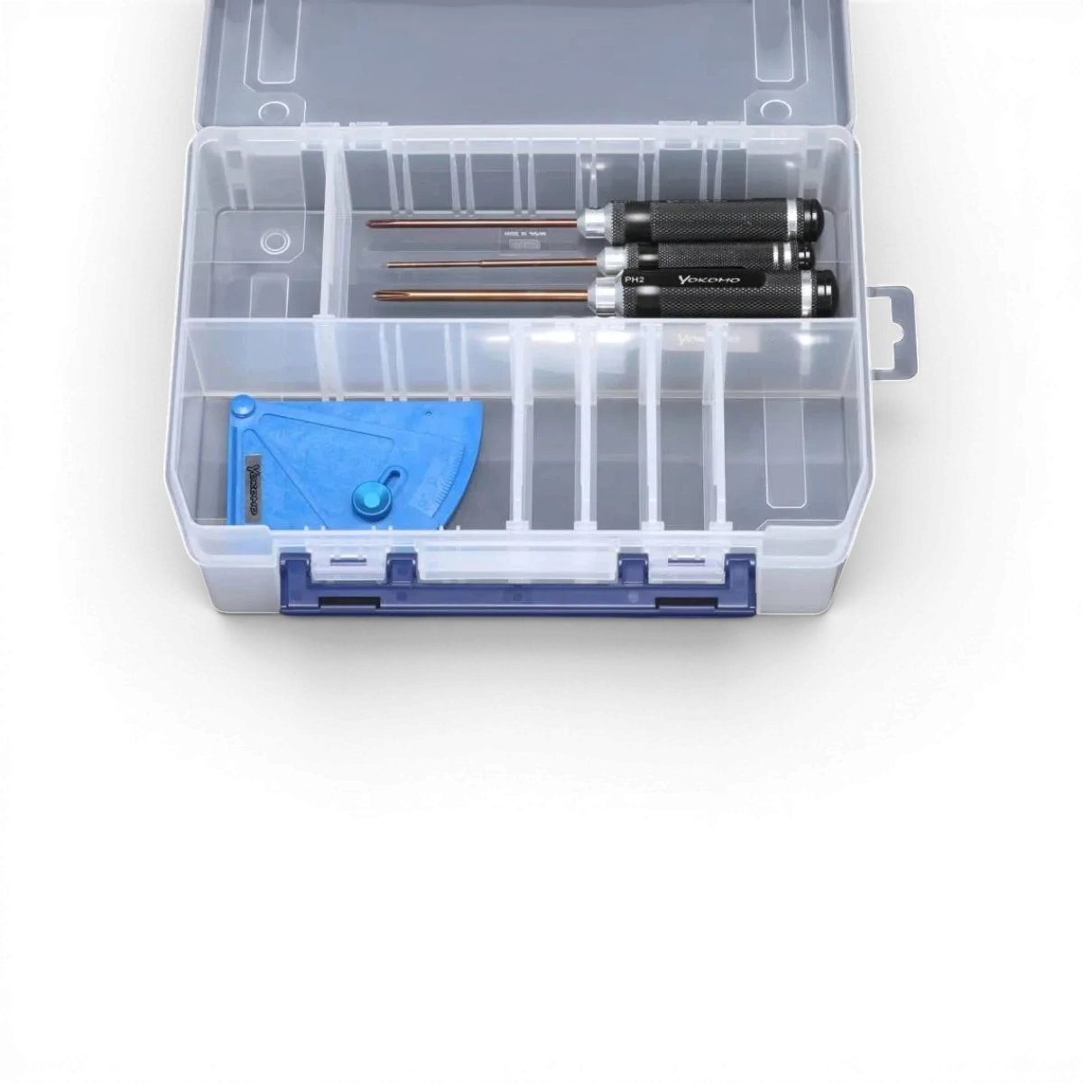 Boîte Accessoires Team Yokomo 330x221x50, rangement pour pièces de modélisme RC, vue de face avec logo visible