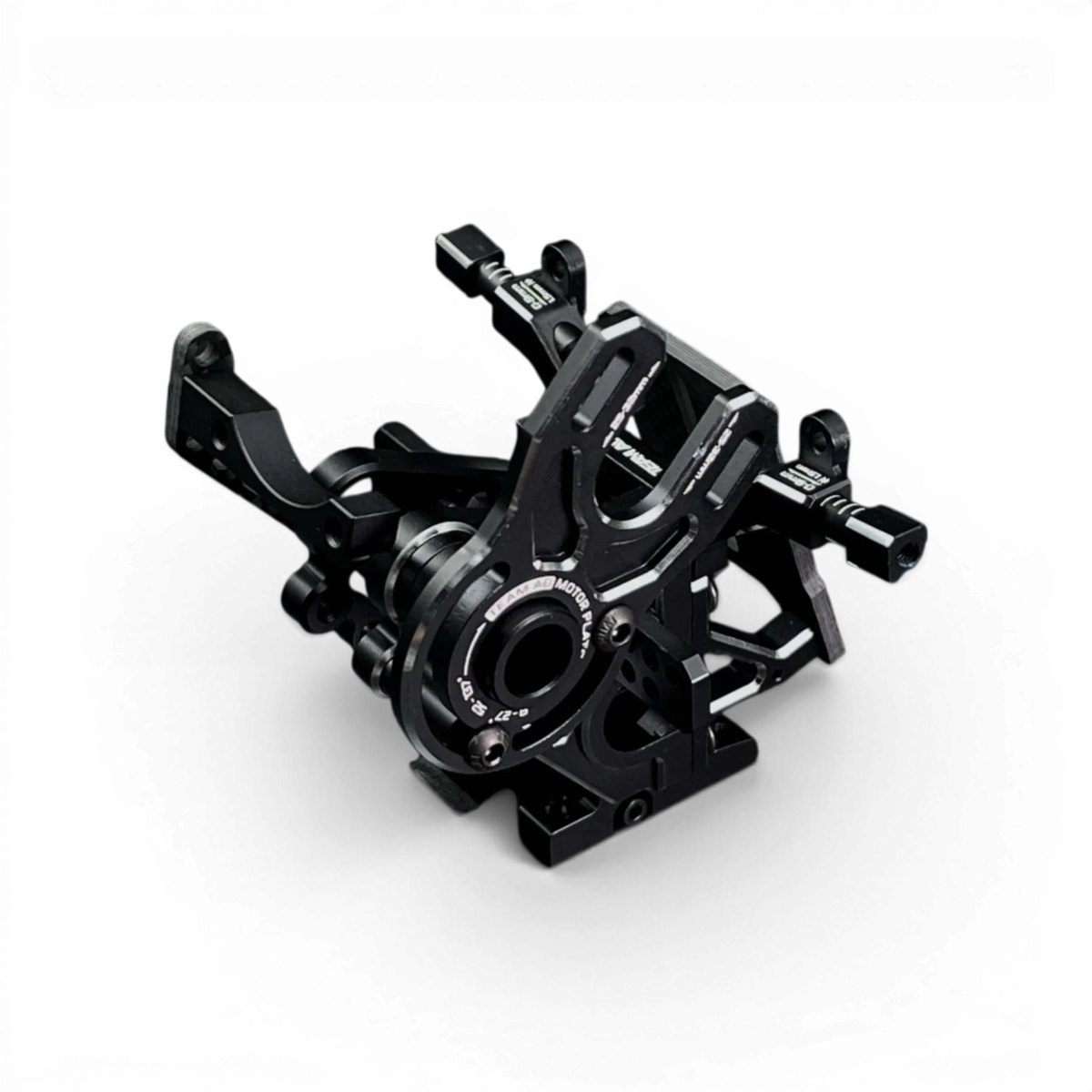 Boîte de transmission en aluminium pour RDX, conçue par TEAM AD, vue de face avec détails techniques visibles.