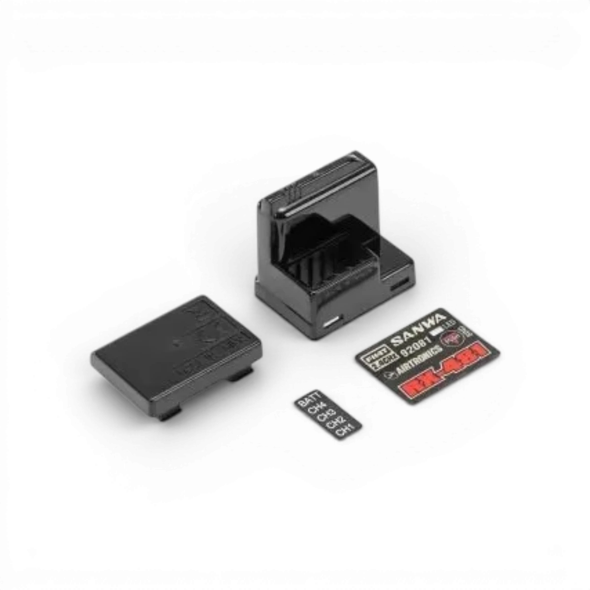 Boîtier de remplacement pour récepteur RX-481 Sanwa, électronique, vue de face montrant les connecteurs et boutons.