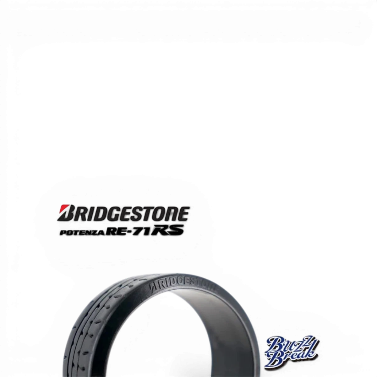 Roues de pneus RC Bridgestone Potenza RE-71RS 26mm haute performance, marque BuzzBreak, image montrant le profil et la texture du pneu