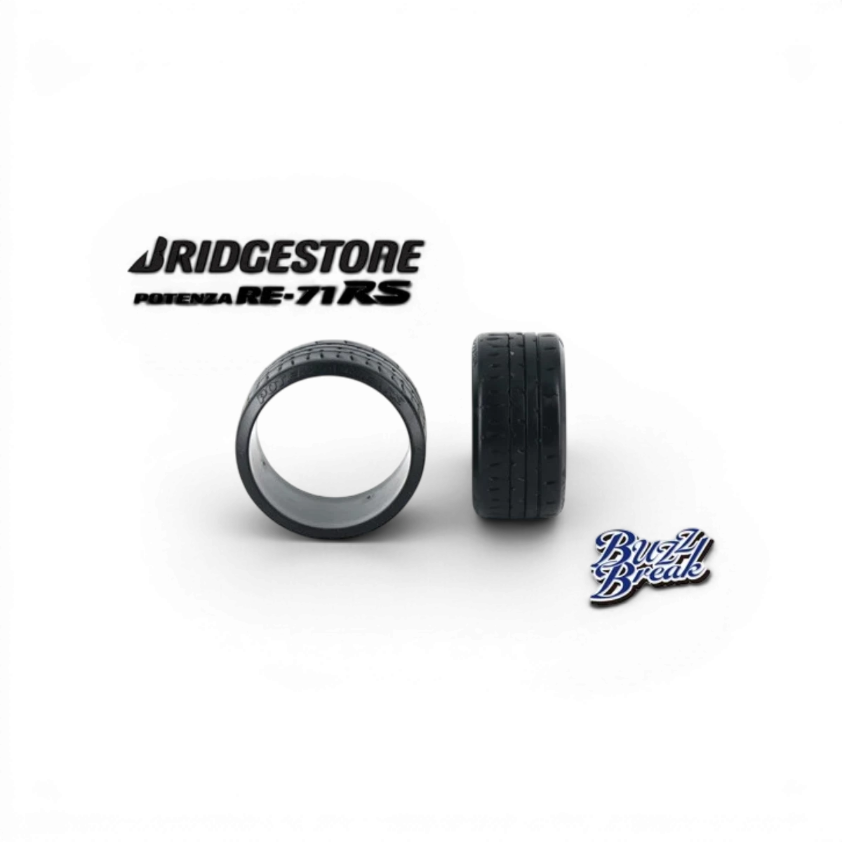 Roues de pneus RC Bridgestone Potenza RE-71RS 30mm haute performance, conçues pour voitures radiocommandées, par BuzzBreak.