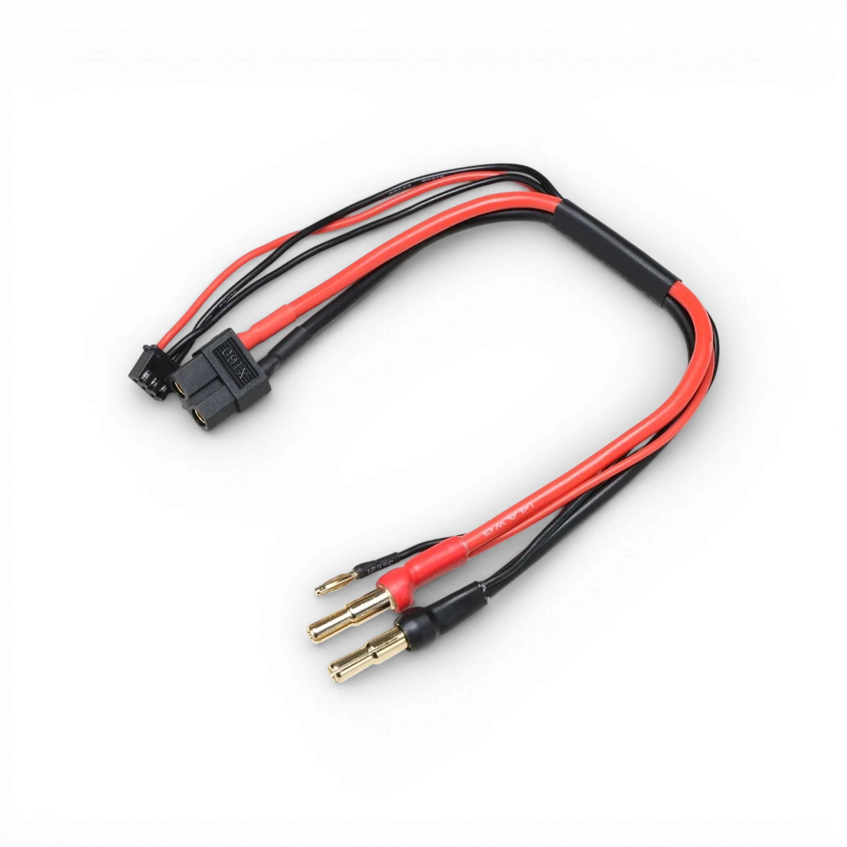 Câble de charge et équilibrage XT60 pour batteries, avec fiches bananes 4mm/5mm, de la marque Team Yokomo, connecté à une batterie électronique.
