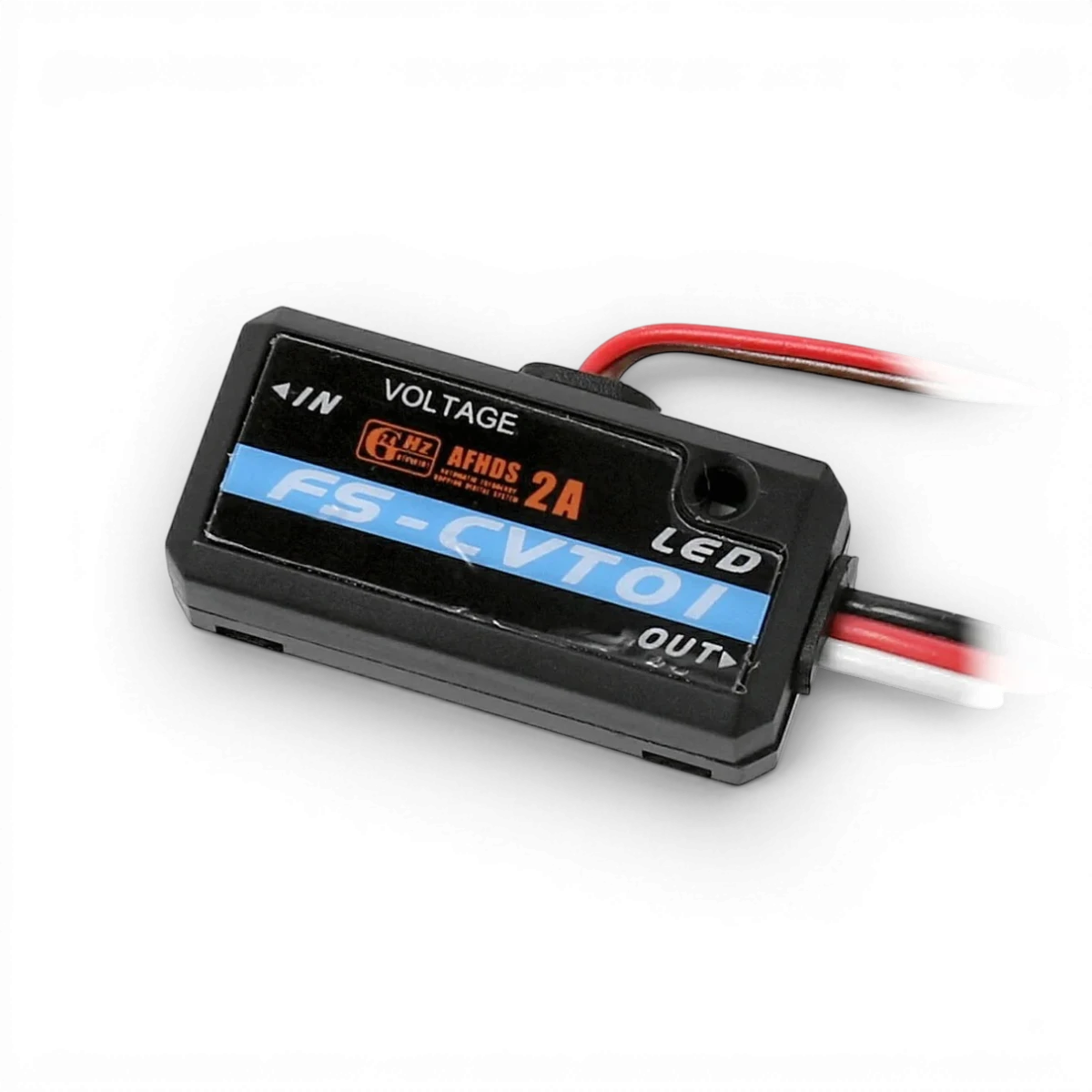 Capteur de tension FlySky CVT01 i-Bus pour électronique, affichant le module connecté et ses détails techniques.