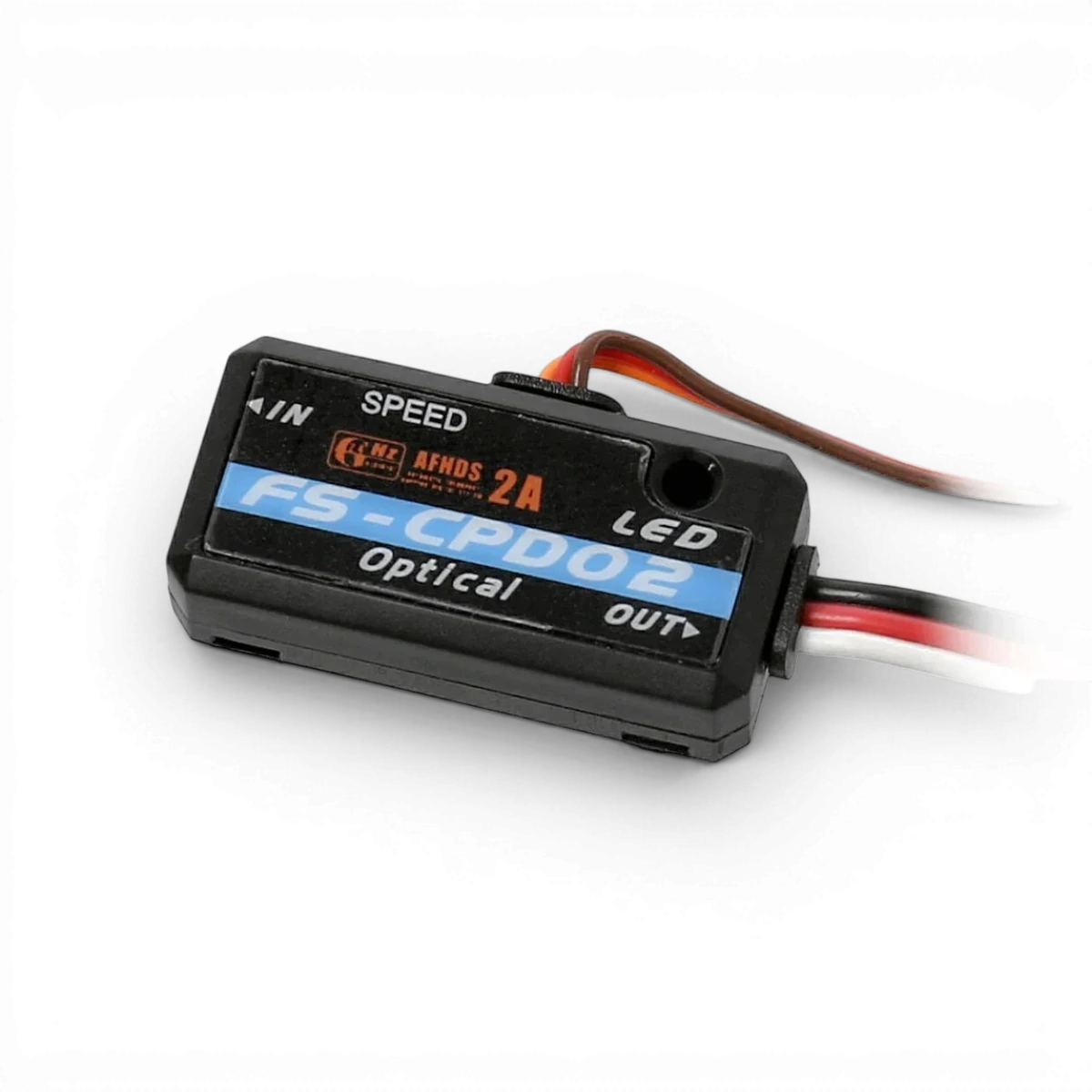 Capteur optique RPM FlySky CPD02 i-Bus pour électronique, montre le capteur et ses composants dans un environnement technique.