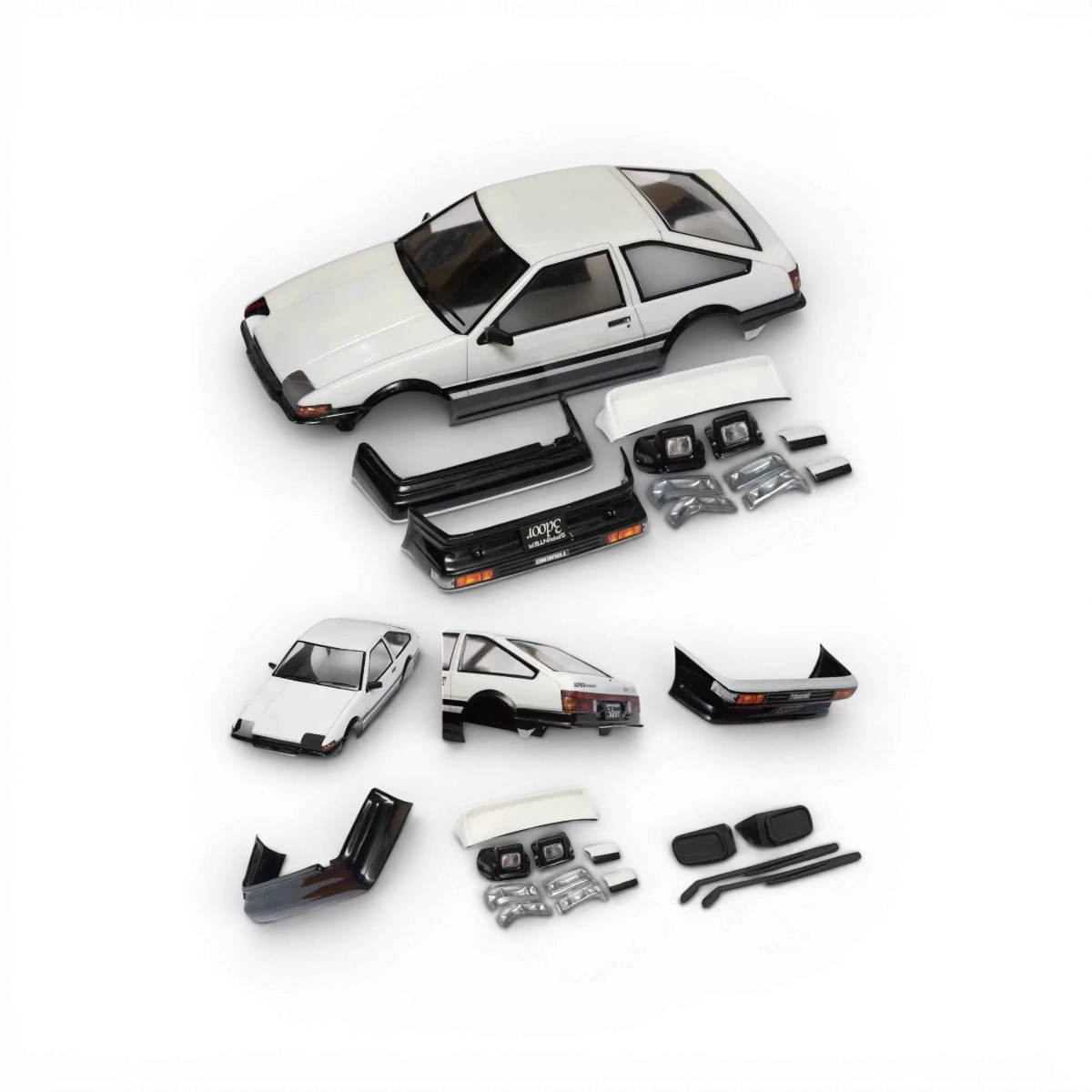 Carrosserie Toyota AE86 MRC en plastique de 239 mm pour voiture RC, détail réaliste et finition précise.